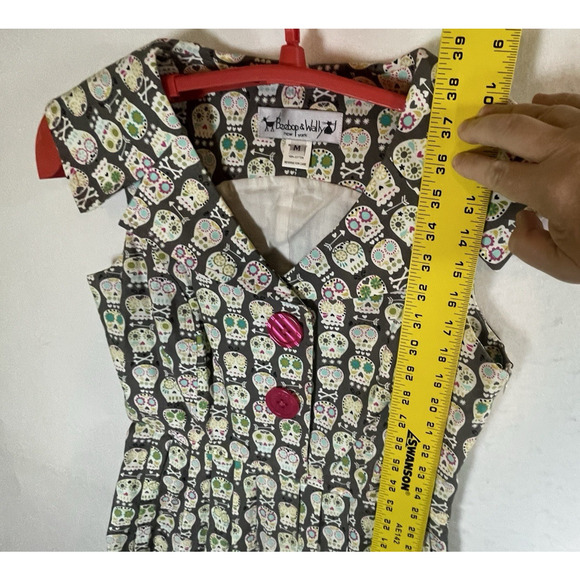 Beebop & Wally New York Retro Style Dress Sz MED Gray Skull Day of Dead Cotton - Picture 9 of 11